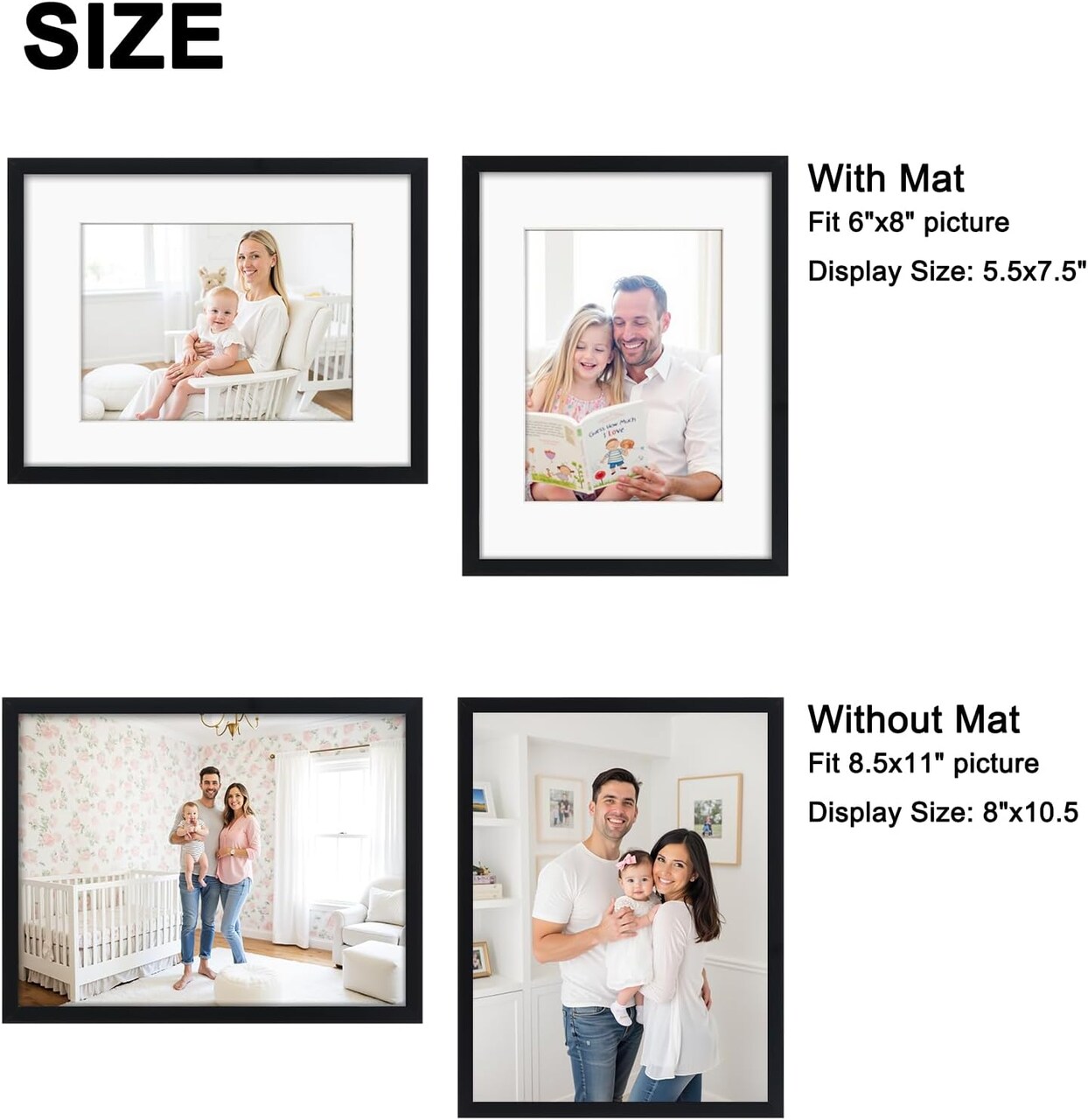 Black 8.5x11 Picture Frame Set of 4, Matted to 6x8 Picture or 8.5 x 11 Inch Certificate Award Document Without Mat, Wall and Tabletop Display